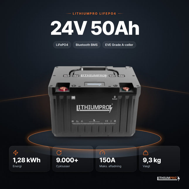 LithiumPro 24V 50Ah LiFePO4-batteri – 1,28 kWh, 9.000+ cyklusser, 150A og 9,3 kg