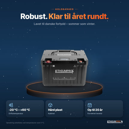 LithiumPro 24V 50Ah – robust kabinet i hård plast, driftstemperatur -20 °C til +60 °C