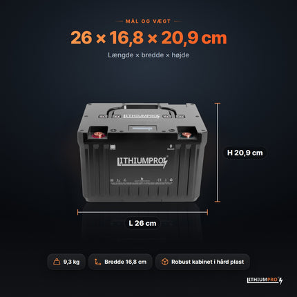 LithiumPro 24V 50Ah – mål 26 × 16,8 × 20,9 cm og vægt 9,3 kg