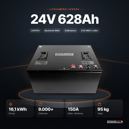 LithiumPro 24V 628Ah LiFePO4-batteri – 16,1 kWh, 9.000+ cyklusser, 150A og 95 kg