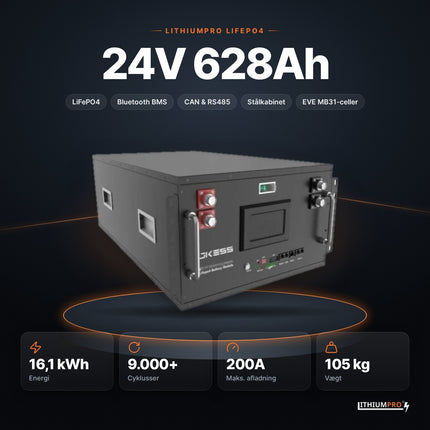 LithiumPro 24V 628Ah LiFePO4-batteri – 16,1 kWh, 9.000+ cyklusser, 200A og 105 kg