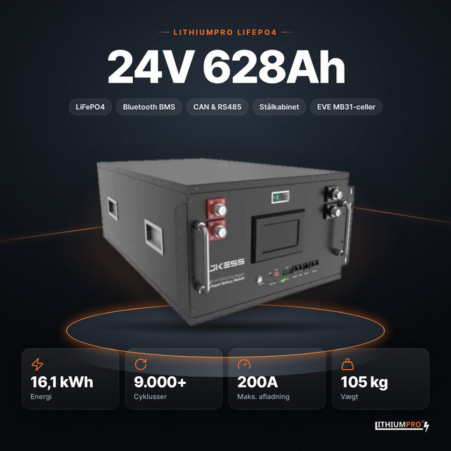 LithiumPro 24V 628Ah LiFePO4-batteri – 16,1 kWh, 9.000+ cyklusser, 200A og 105 kg
