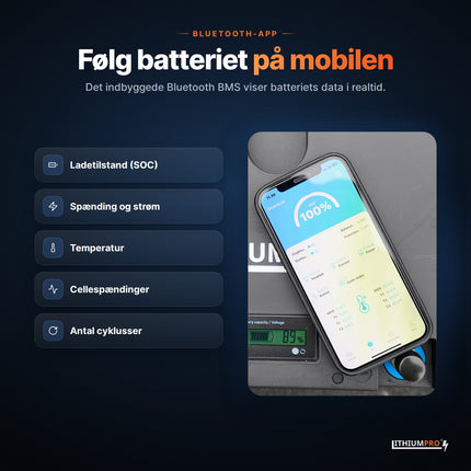 LithiumPro 24V 628Ah – følg ladetilstand, spænding og temperatur i Bluetooth-appen