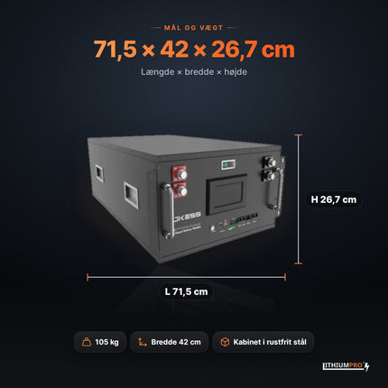 LithiumPro 24V 628Ah – mål 71,5 × 42 × 26,7 cm og vægt 105 kg