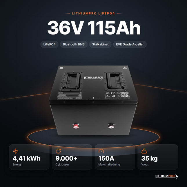 LithiumPro 36V 115Ah LiFePO4-batteri – 4,41 kWh, 9.000+ cyklusser, 150A og 35 kg