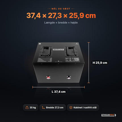 LithiumPro 36V 115Ah – mål 37,4 × 27,3 × 25,9 cm og vægt 35 kg