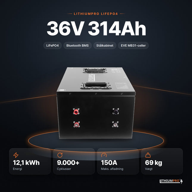 LithiumPro 36V 314Ah LiFePO4-batteri – 12,1 kWh, 9.000+ cyklusser, 150A og 69 kg