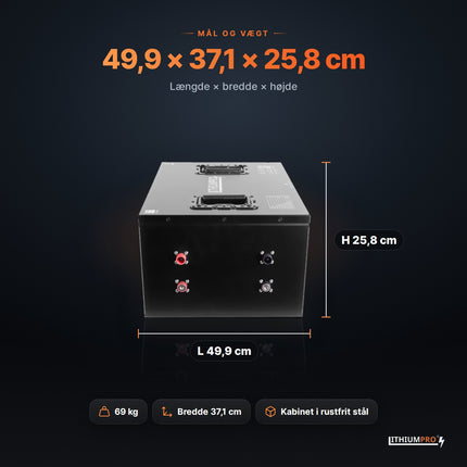 LithiumPro 36V 314Ah – mål 49,9 × 37,1 × 25,8 cm og vægt 69 kg