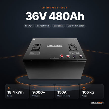 LithiumPro 36V 480Ah LiFePO4-batteri – 18,4 kWh, 9.000+ cyklusser, 150A og 105 kg