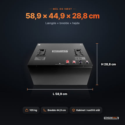 LithiumPro 36V 480Ah – mål 58,9 × 44,9 × 28,8 cm og vægt 105 kg