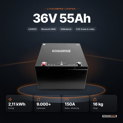 LithiumPro 36V 55Ah stål LiFePO4-batteri – 2,11 kWh, 9.000+ cyklusser, 150A og 16 kg