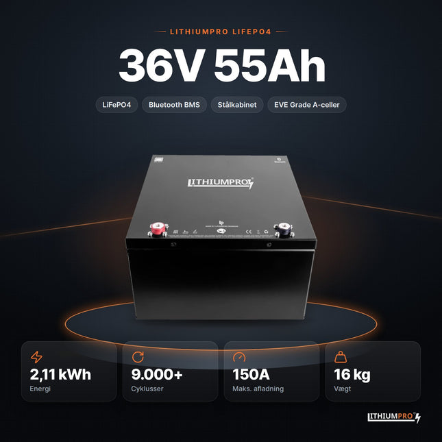 LithiumPro 36V 55Ah stål LiFePO4-batteri – 2,11 kWh, 9.000+ cyklusser, 150A og 16 kg
