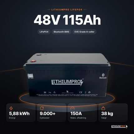 LithiumPro 48V 115Ah LiFePO4-batteri – 5,88 kWh, 9.000+ cyklusser, 150A og 38 kg