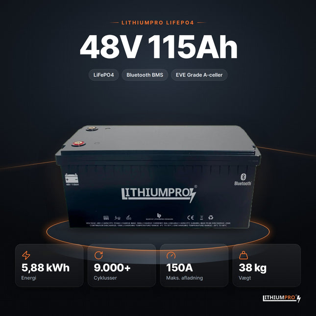 LithiumPro 48V 115Ah LiFePO4-batteri – 5,88 kWh, 9.000+ cyklusser, 150A og 38 kg
