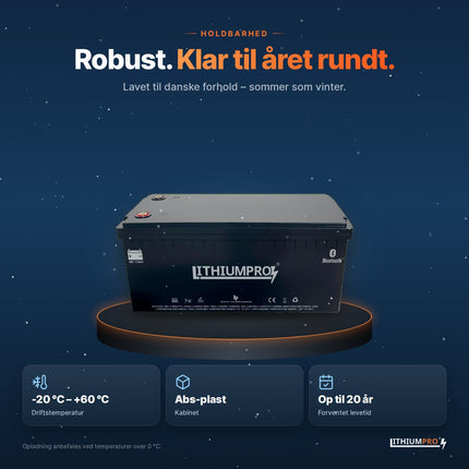 LithiumPro 48V 115Ah – robust kabinet i ABS-plast, driftstemperatur -20 °C til +60 °C