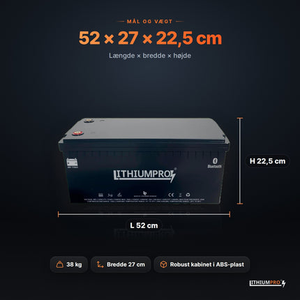 LithiumPro 48V 115Ah – mål 52 × 27 × 22,5 cm og vægt 38 kg