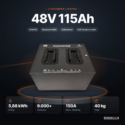 LithiumPro 48V 115Ah stål LiFePO4-batteri – 5,88 kWh, 9.000+ cyklusser, 150A og 40 kg