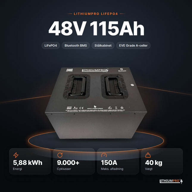 LithiumPro 48V 115Ah stål LiFePO4-batteri – 5,88 kWh, 9.000+ cyklusser, 150A og 40 kg