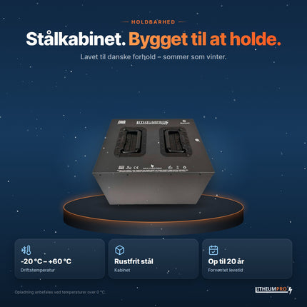 LithiumPro 48V 115Ah stål – kabinet i rustfrit stål, driftstemperatur -20 °C til +60 °C