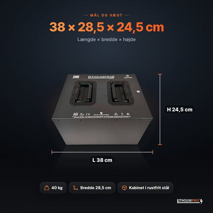 LithiumPro 48V 115Ah stål – mål 38 × 28,5 × 24,5 cm og vægt 40 kg