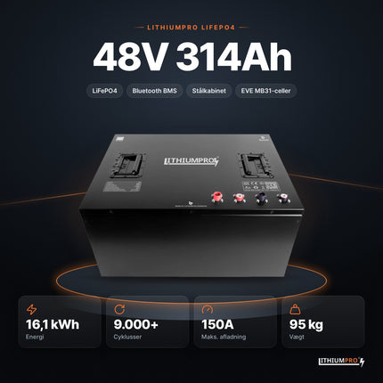 LithiumPro 48V 314Ah LiFePO4-batteri – 16,1 kWh, 9.000+ cyklusser, 150A og 95 kg