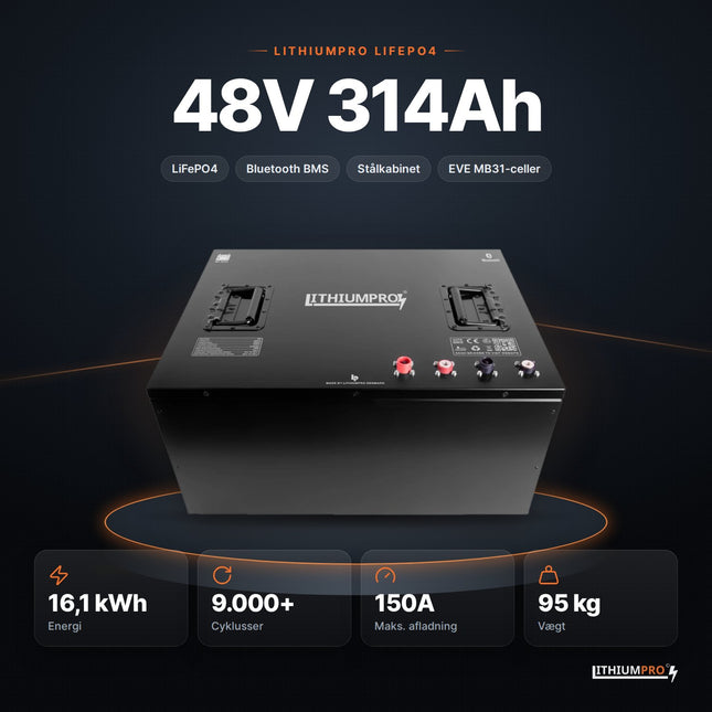 LithiumPro 48V 314Ah LiFePO4-batteri – 16,1 kWh, 9.000+ cyklusser, 150A og 95 kg