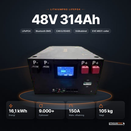 LithiumPro 48V 314Ah LiFePO4-batteri – 16,1 kWh, 9.000+ cyklusser, 150A og 105 kg