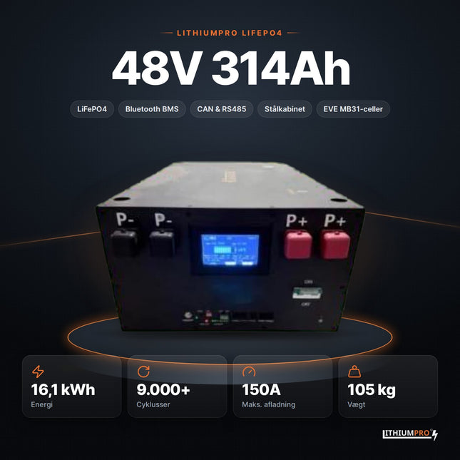 LithiumPro 48V 314Ah LiFePO4-batteri – 16,1 kWh, 9.000+ cyklusser, 150A og 105 kg
