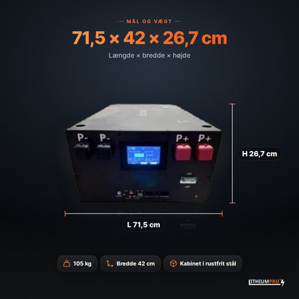LithiumPro 48V 314Ah – mål 71,5 × 42 × 26,7 cm og vægt 105 kg