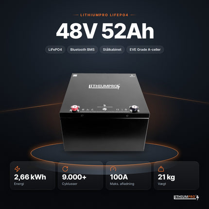 LithiumPro 48V 52Ah stål LiFePO4-batteri – 2,66 kWh, 9.000+ cyklusser, 100A og 21 kg