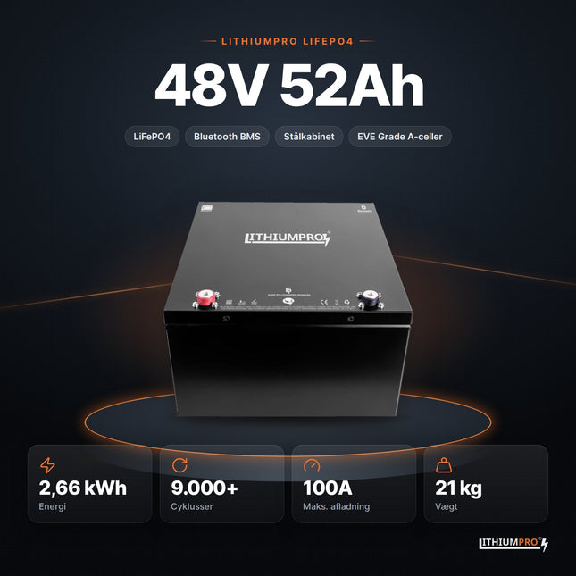 LithiumPro 48V 52Ah stål LiFePO4-batteri – 2,66 kWh, 9.000+ cyklusser, 100A og 21 kg