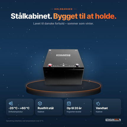 LithiumPro 48V 52Ah stål – kabinet i rustfrit stål, driftstemperatur -20 °C til +60 °C
