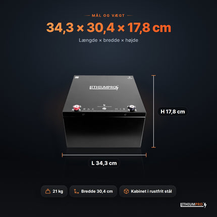 LithiumPro 48V 52Ah stål – mål 34,3 × 30,4 × 17,8 cm og vægt 21 kg