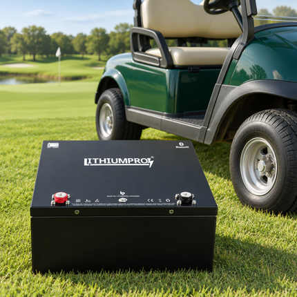 LithiumPro 48V 52Ah stål LiFePO4-batteri på en golfbane ved en golfbil