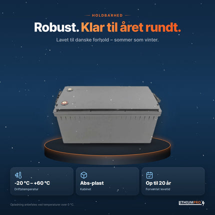 LithiumPro 60V 115Ah – robust kabinet i ABS-plast, driftstemperatur -20 °C til +60 °C