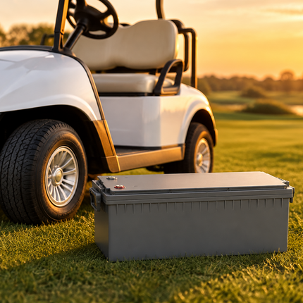 LithiumPro 60V 115Ah LiFePO4-batteri ved en golfbil i solnedgang