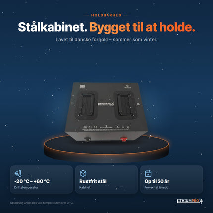 LithiumPro Exclusive 12V 480Ah stål – kabinet i rustfrit stål, driftstemperatur -20 °C til +60 °C