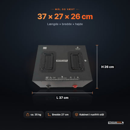 LithiumPro Exclusive 12V 480Ah stål – mål 37 × 27 × 26 cm og vægt ca. 35 kg