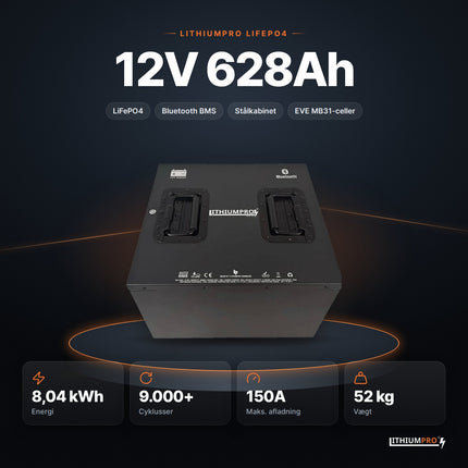 LithiumPro 12V 628Ah LiFePO4-batteri – 8,04 kWh, 9.000+ cyklusser, 150A og 52 kg
