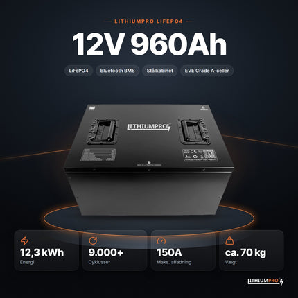 LithiumPro 12V 960Ah LiFePO4-batteri – 12,3 kWh, 9.000+ cyklusser, 150A og ca. 70 kg