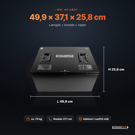 LithiumPro 12V 960Ah – mål 49,9 × 37,1 × 25,8 cm og vægt ca. 70 kg