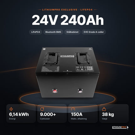 LithiumPro Exclusive 24V 240Ah stål LiFePO4-batteri – 6,14 kWh, 9.000+ cyklusser, 150A og 38 kg