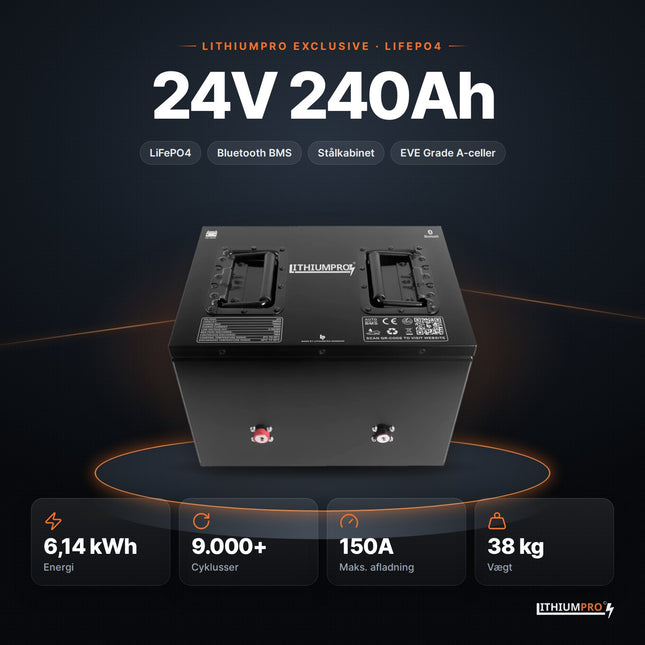 LithiumPro Exclusive 24V 240Ah stål LiFePO4-batteri – 6,14 kWh, 9.000+ cyklusser, 150A og 38 kg