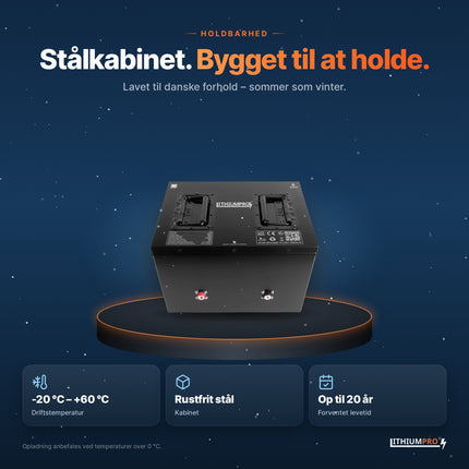 LithiumPro Exclusive 24V 240Ah stål – kabinet i rustfrit stål, driftstemperatur -20 °C til +60 °C