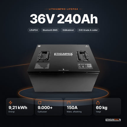 LithiumPro 36V 240Ah LiFePO4-batteri – 9,21 kWh, 9.000+ cyklusser, 150A og 60 kg