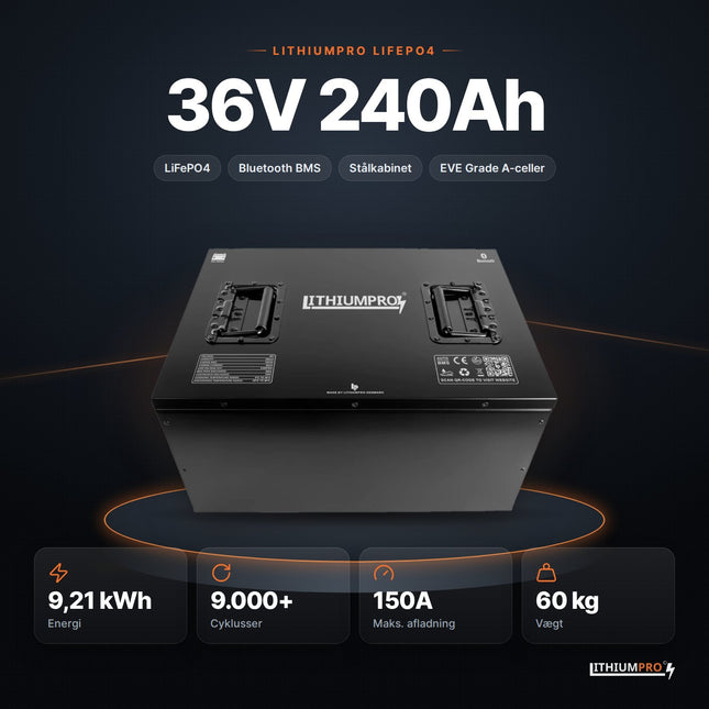 LithiumPro 36V 240Ah LiFePO4-batteri – 9,21 kWh, 9.000+ cyklusser, 150A og 60 kg