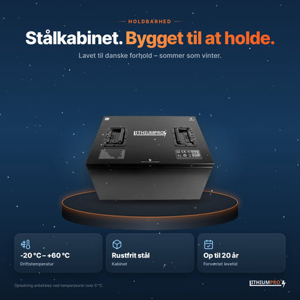 LithiumPro 36V 240Ah – kabinet i rustfrit stål, driftstemperatur -20 °C til +60 °C