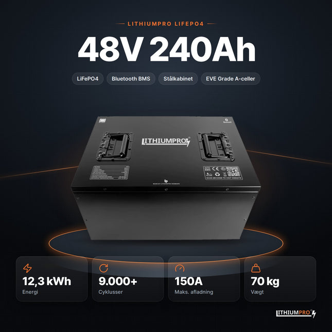 LithiumPro 48V 240Ah LiFePO4-batteri – 12,3 kWh, 9.000+ cyklusser, 150A og 70 kg