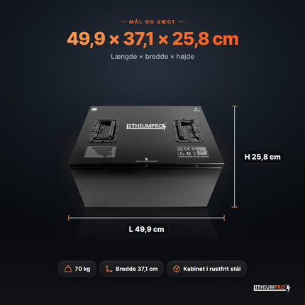 LithiumPro 48V 240Ah – mål 49,9 × 37,1 × 25,8 cm og vægt 70 kg