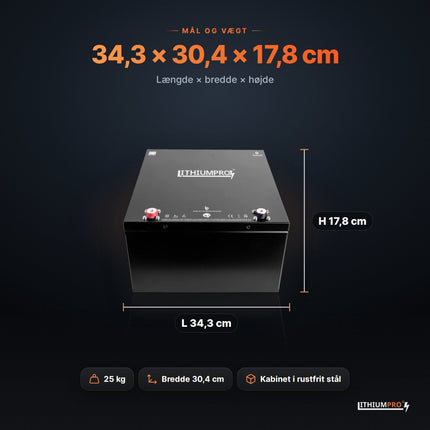 LithiumPro 60V 50Ah – mål 34,3 × 30,4 × 17,8 cm og vægt 25 kg